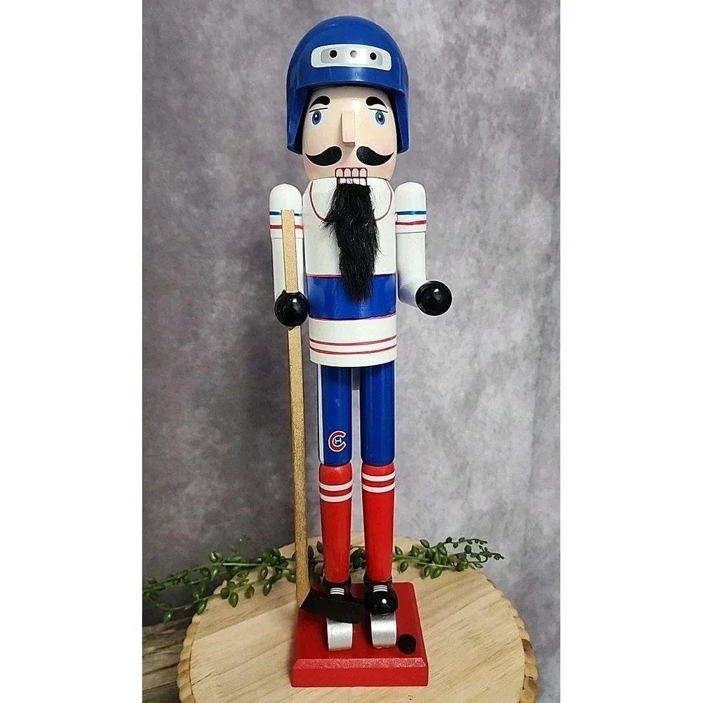 Hockey Player Nutcracker Puck Stick Red Blue White Wood Christmas 16